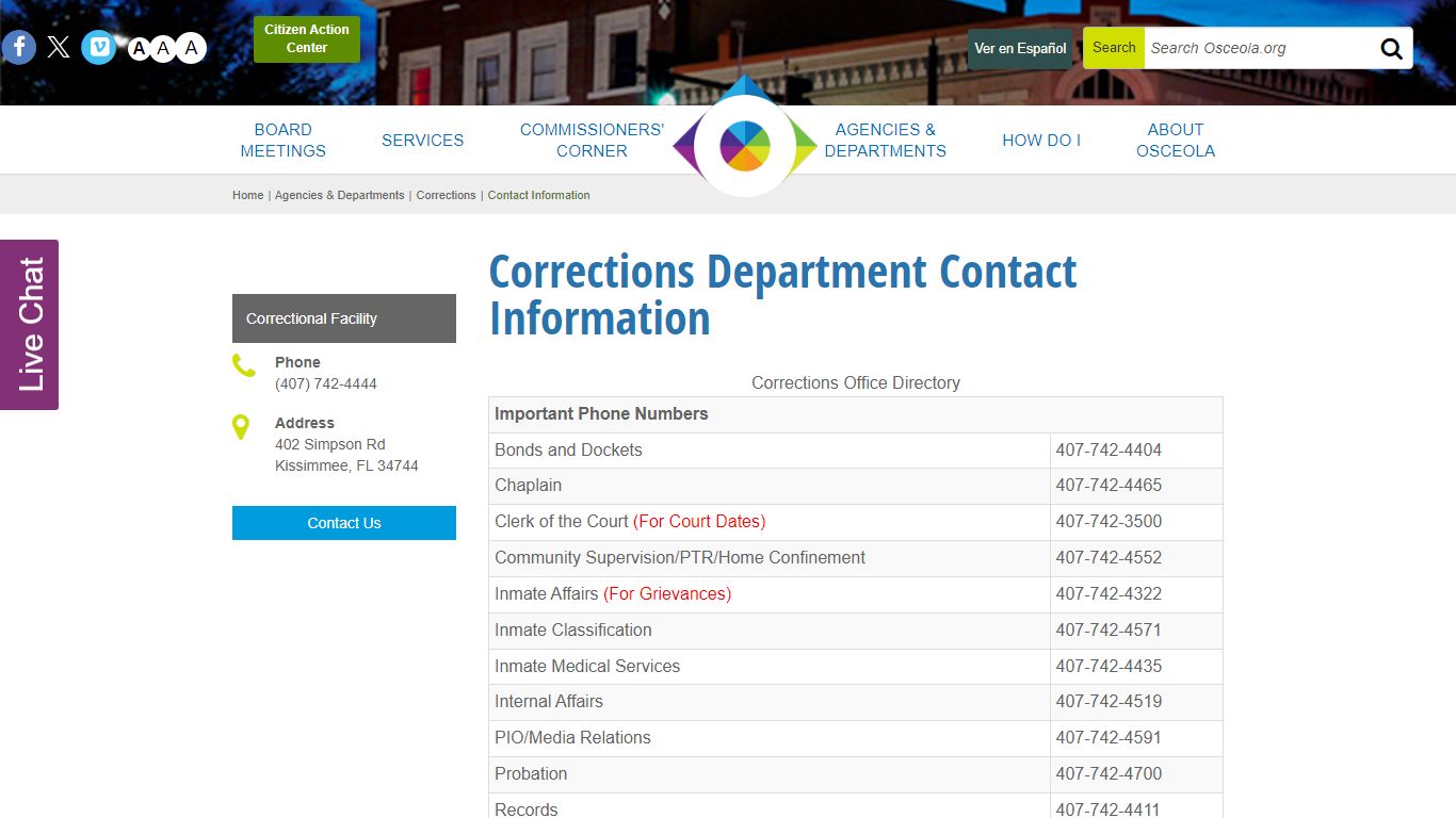 Corrections Department Contact Information - Osceola County, Florida